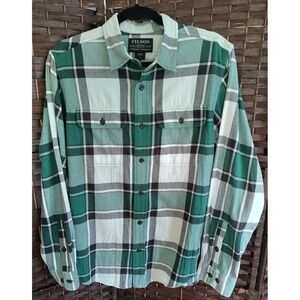 Filson Men's Plaid Shirt Small White Green Black Cotton Button Front Outdoor